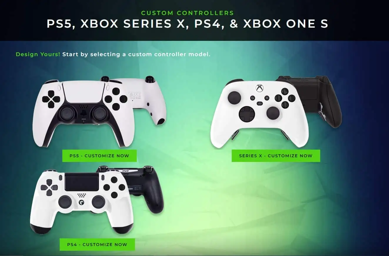 evilcontrollers homepage with different custom controller options