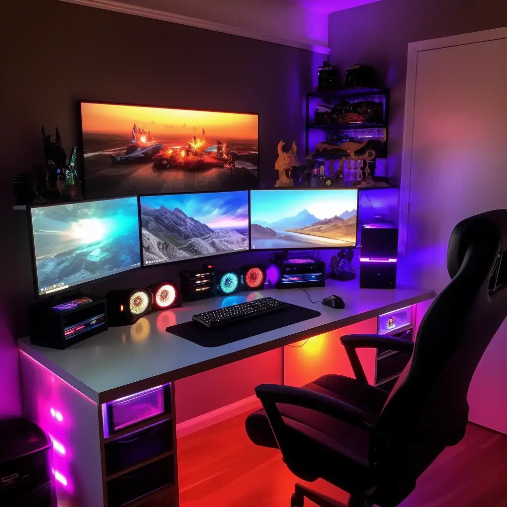 Gaming room with multiple backlights on speakers and desk