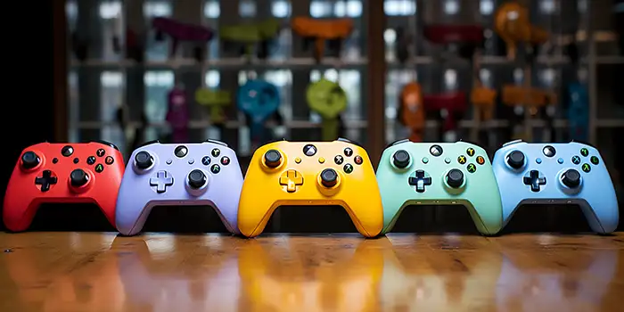colored xbox controllers next to each other