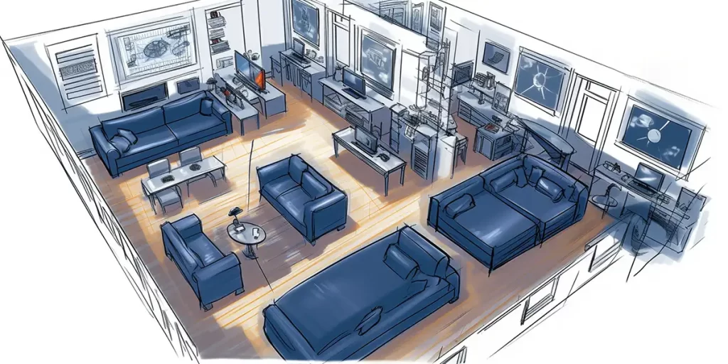 blueprint drawing of a gaming room layout
