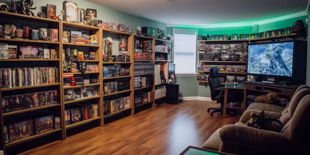 Gaming room with a ton of games on shelves 