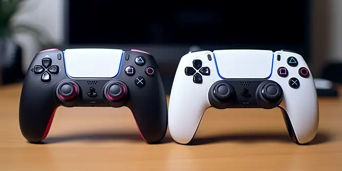 two playstation 5 controllers next to each other
