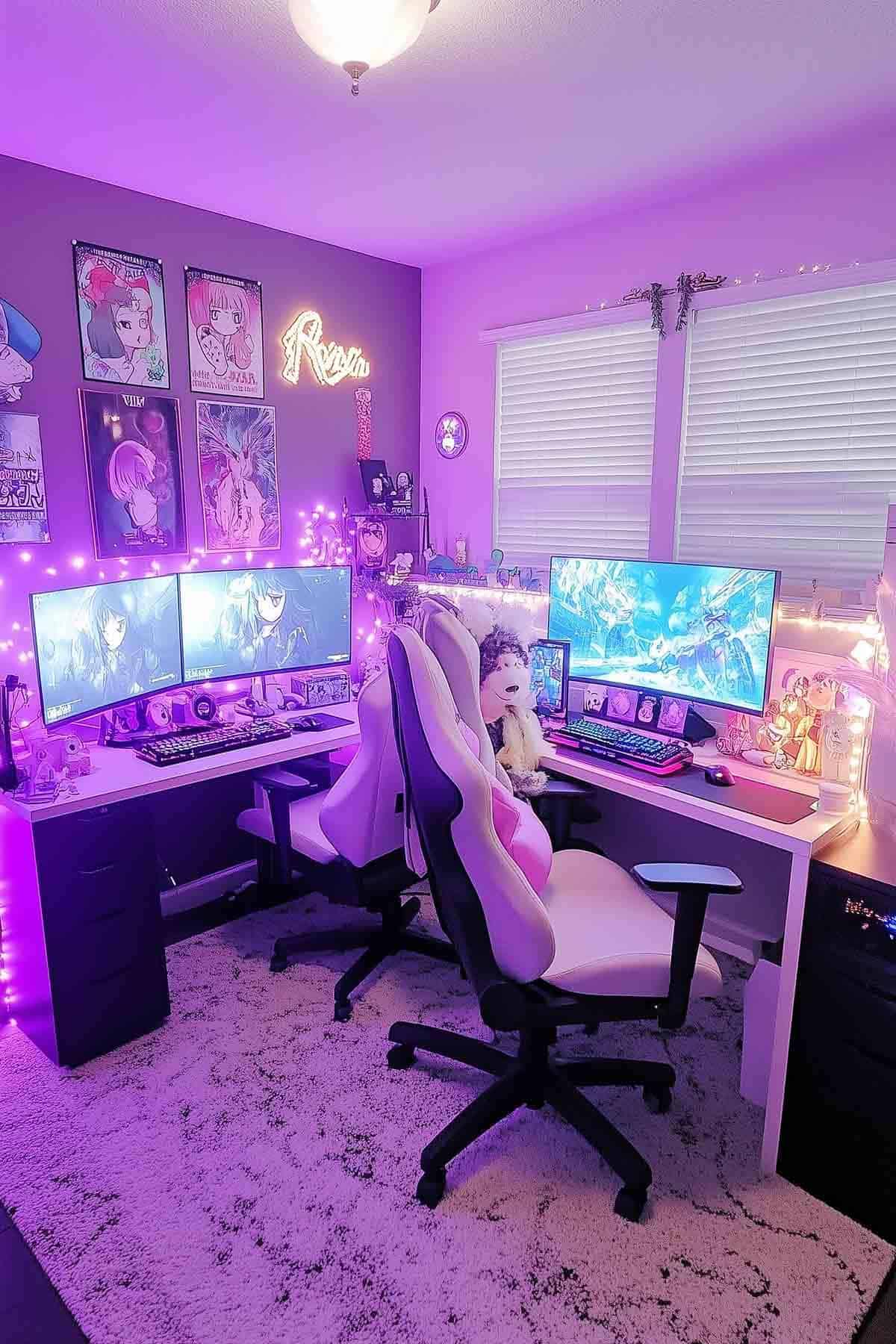 A cozy gaming room setup featuring a two-person desk with dual monitors, pastel-colored gaming chairs, purple LED lights, anime posters on the wall, and cute decor,