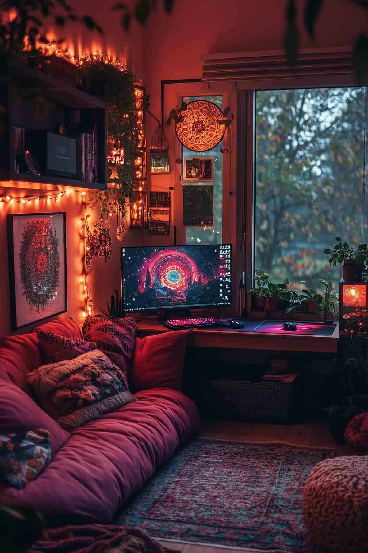 A cozy gaming setup featuring a warm-lit desk in front of a window, surrounded by earthy decor, plants, and a plush couch