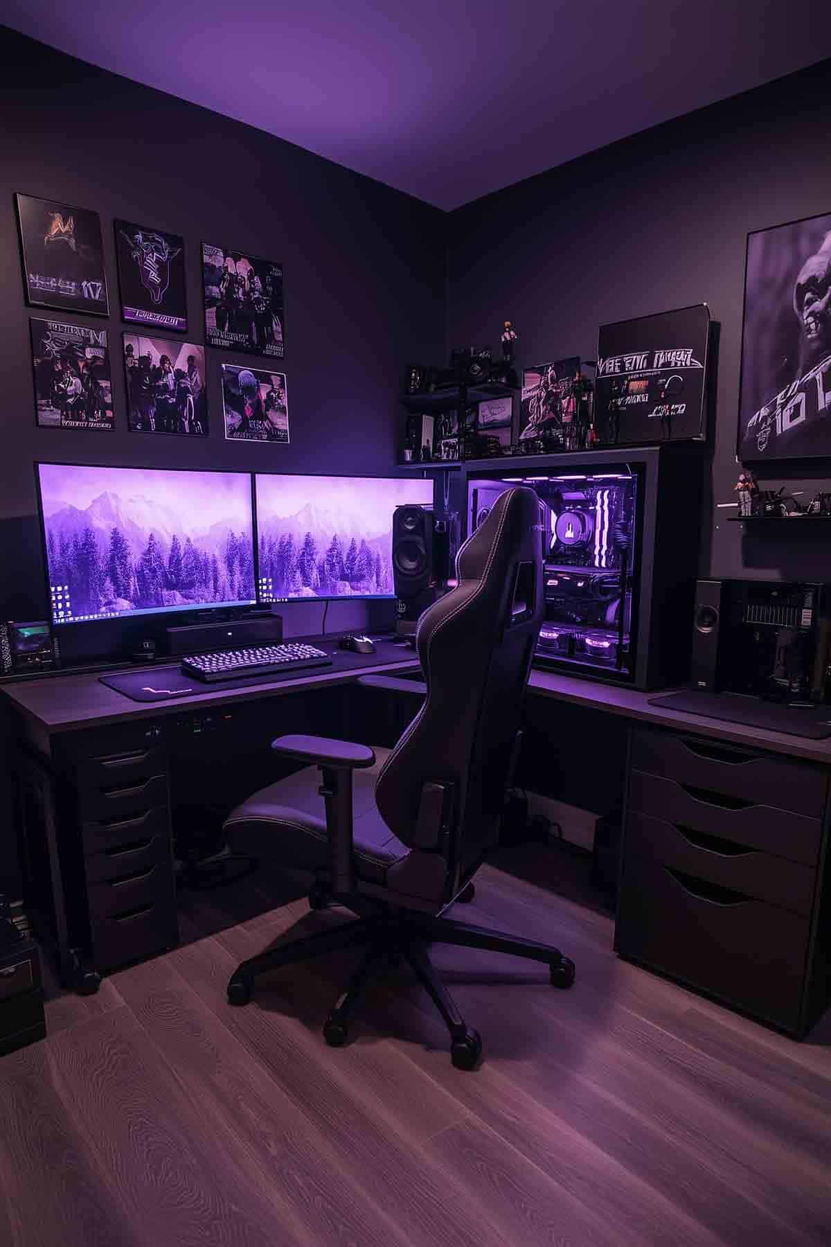 A dark-themed gaming room featuring a sleek black desk, dual monitors with purple lighting, a gaming chair, and wall-mounted posters