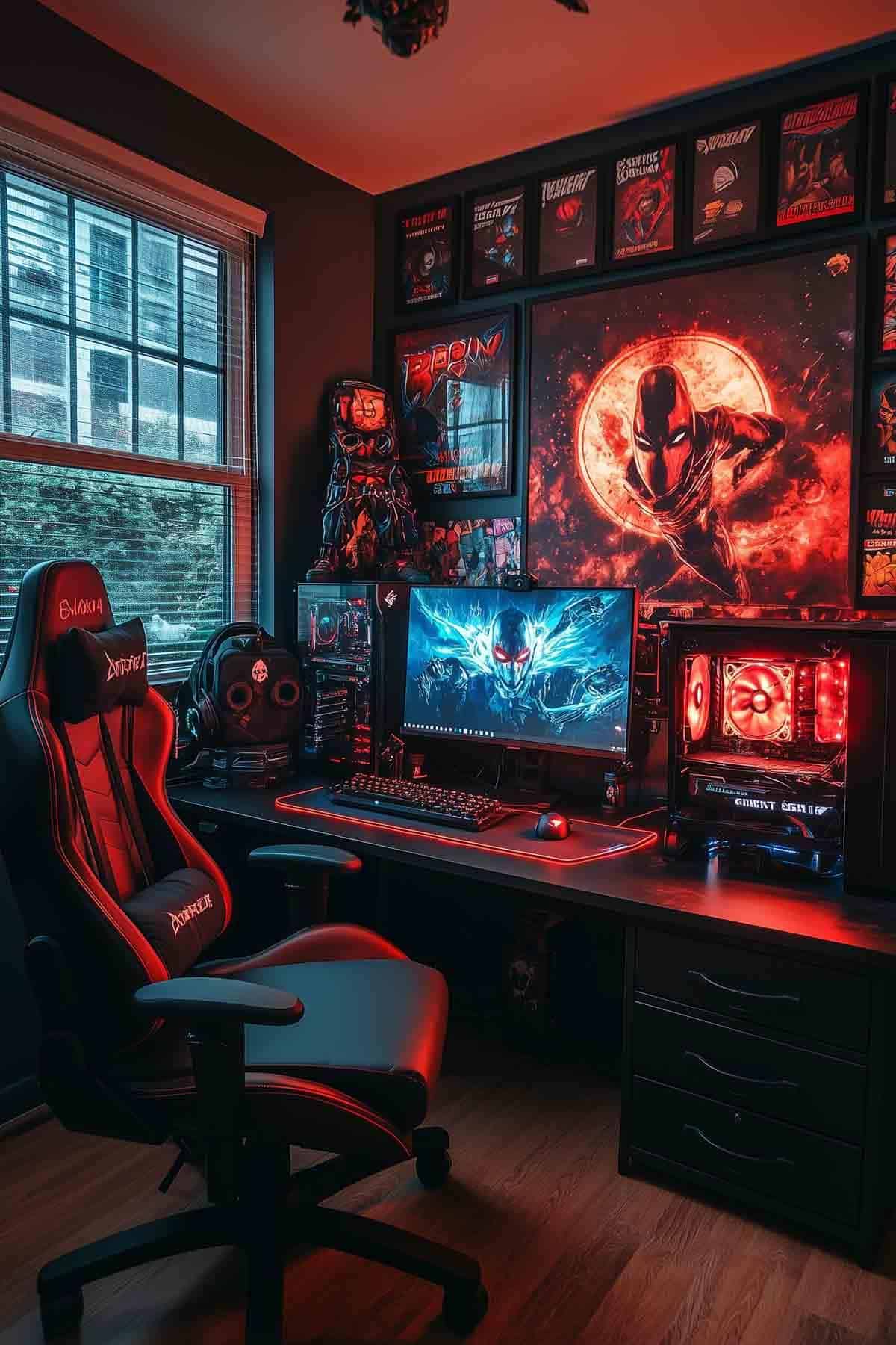 A dark-themed gaming room with red and black decor featuring a gaming chair, dual monitors, and custom artwork. The room is lit by red LED lights with posters and collectibles on the wall