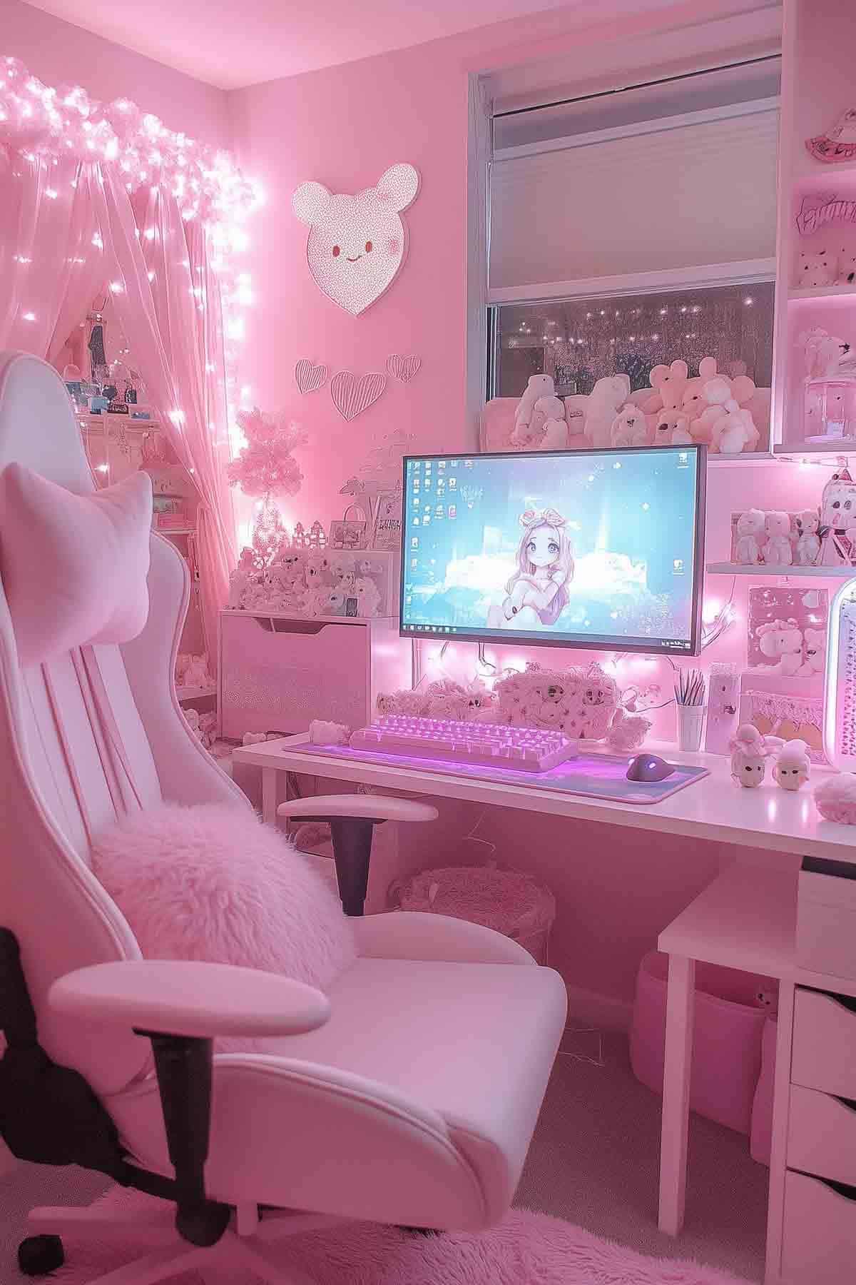 A dreamy pink gaming room setup featuring a white ergonomic chair, soft pink lighting, a large monitor displaying anime artwork