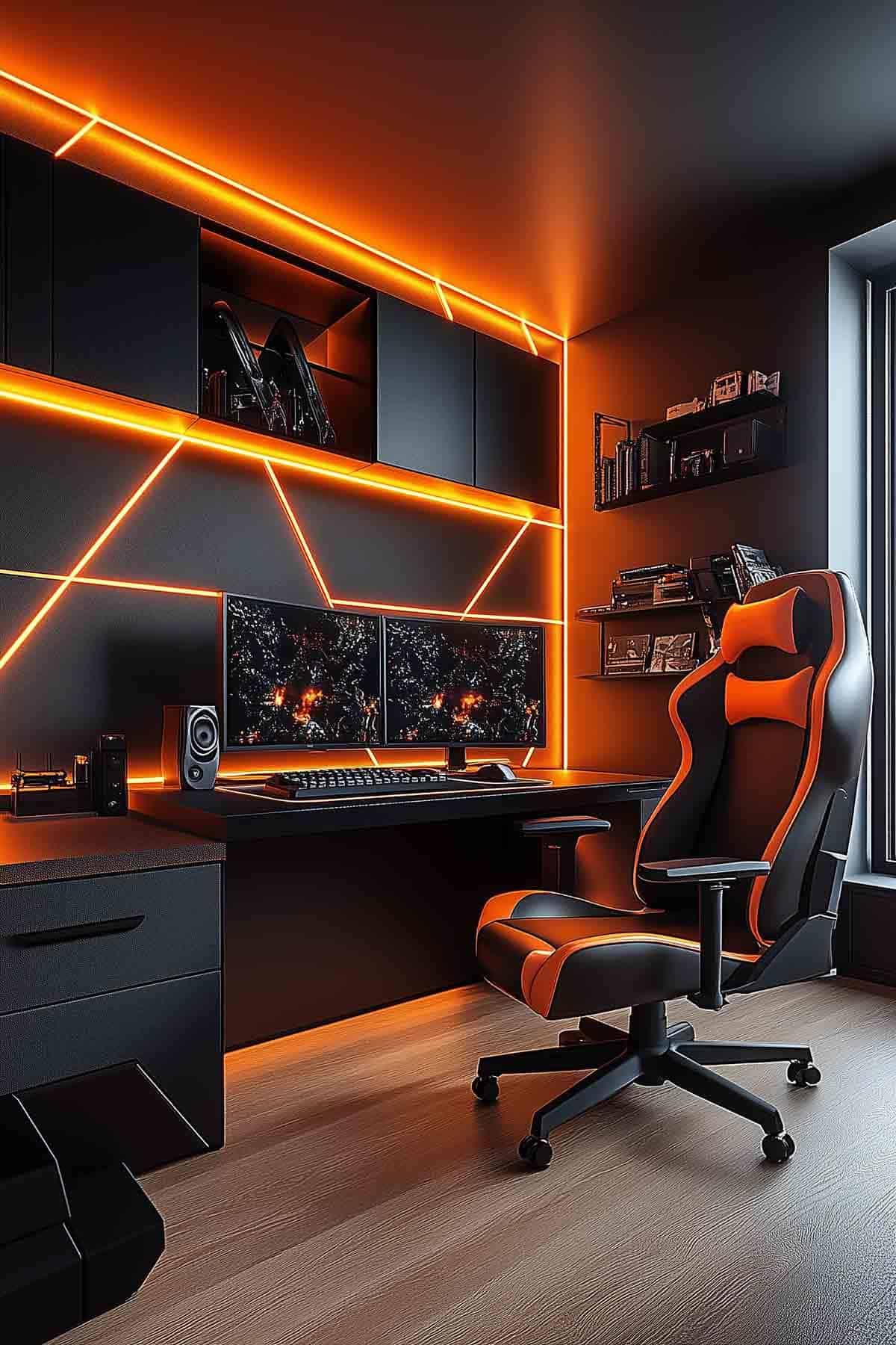 A futuristic gaming room setup with black and orange accents, featuring dual monitors, an ergonomic chair, and bold geometric patterns illuminated by orange LED lights.