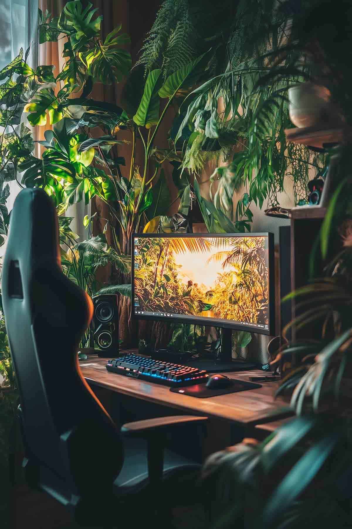 A gaming station nestled within an indoor jungle of vibrant green plants, featuring a black gaming chair, large monitor, mechanical keyboard, and speakers