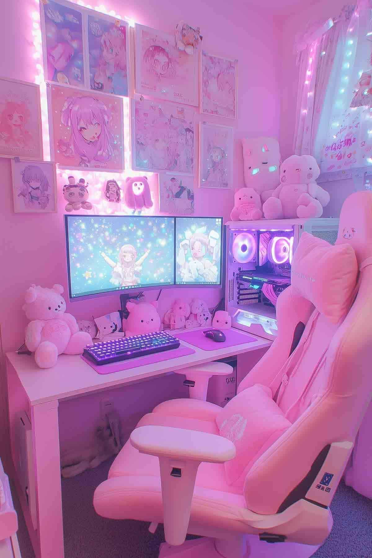 A pastel pink-themed kawaii gaming room