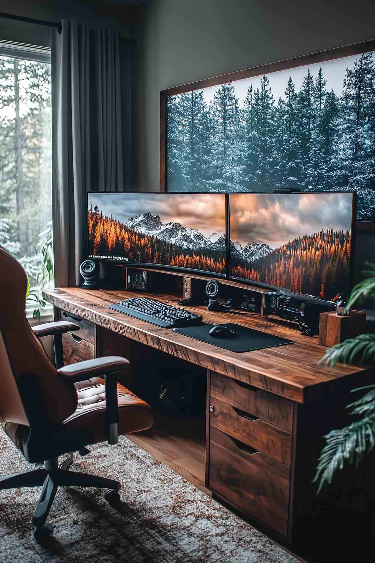 A rustic gaming office setup featuring a wooden desk, dual monitors displaying mountain landscapes, and a leather chair, creating a cozy, nature-inspired aesthetic.