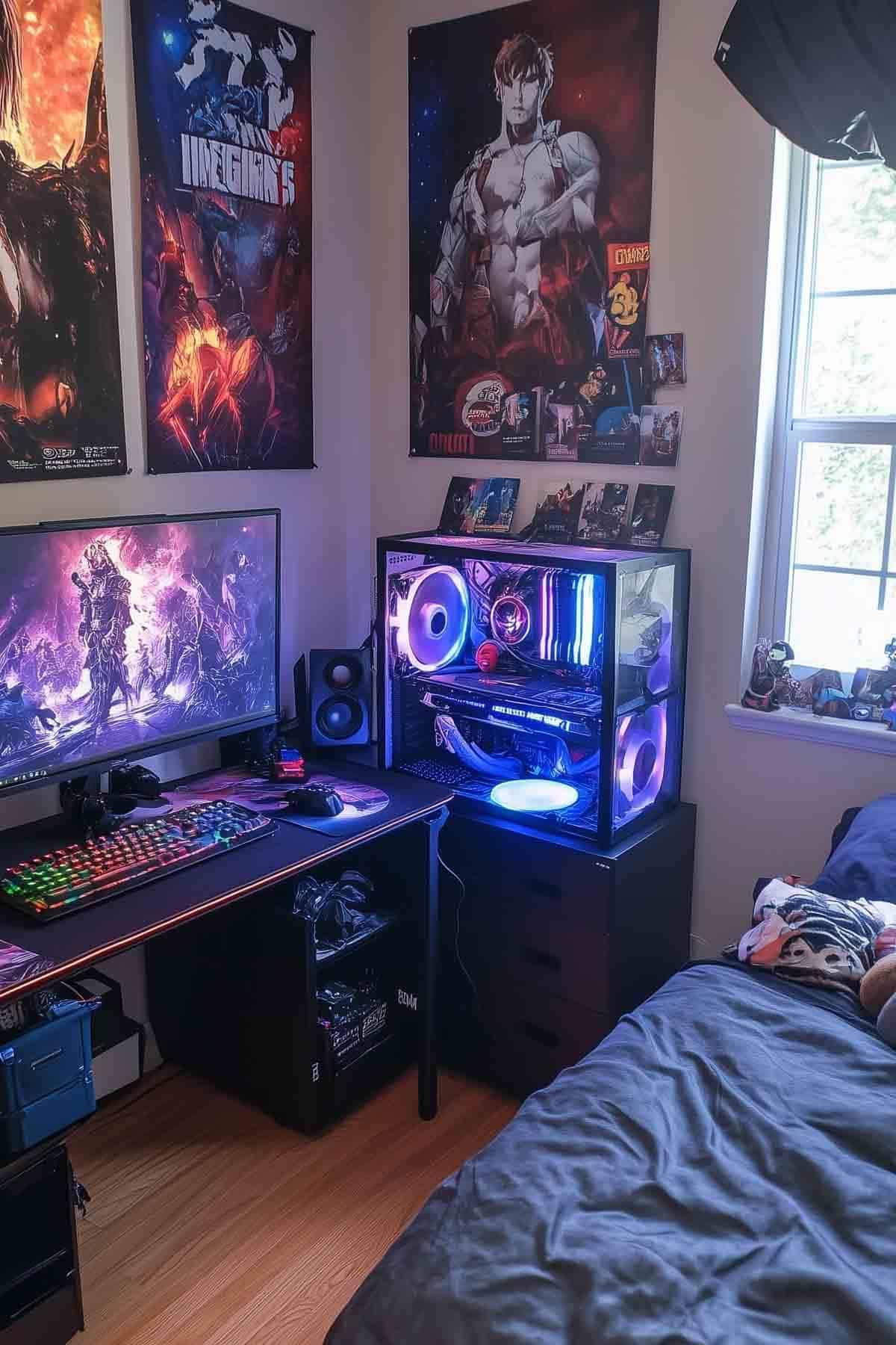 A small gaming bedroom with anime posters on the walls, a desk with a colorful RGB keyboard, a large gaming monitor, and a glowing PC tower with LED lights