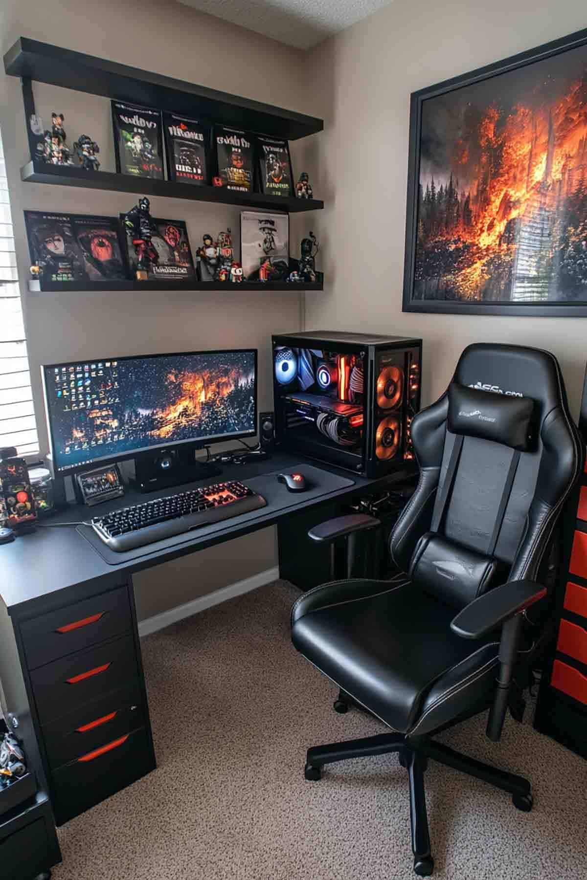 A small gaming room featuring a black desk with a compact setup, including a gaming PC, curved monitor, black gaming chair, and shelves displaying game collectibles