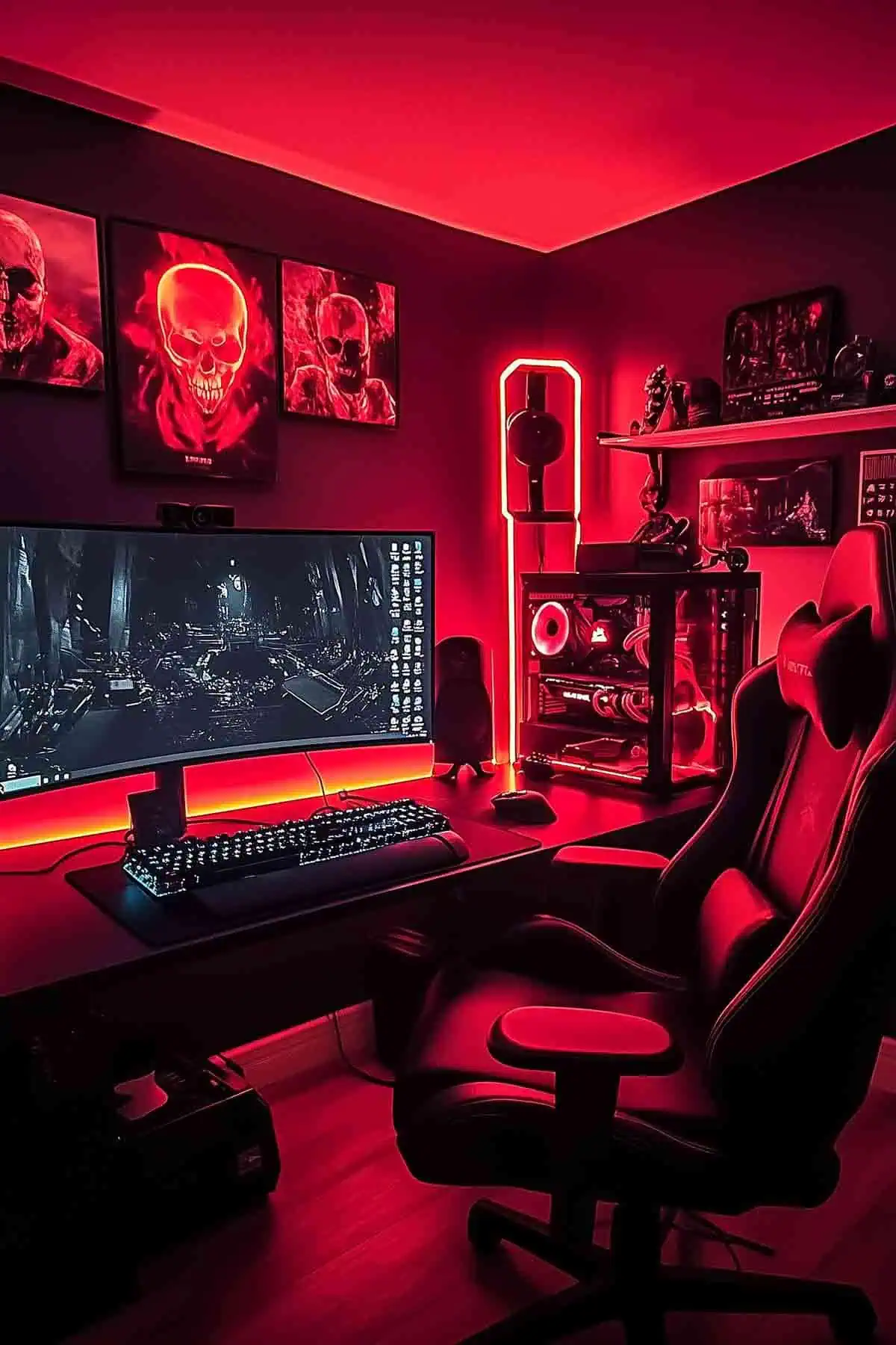 A striking red gaming room featuring a black desk with red LED accents