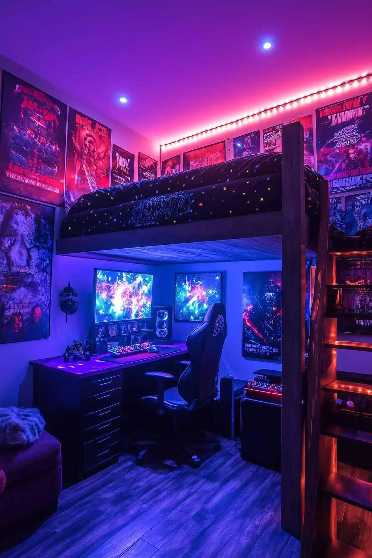 A vibrant gaming room setup under a loft bed, featuring dual monitors, colorful neon LED lights, gaming posters, and a sleek gaming chair, creating a cozy and space-efficient gaming environment