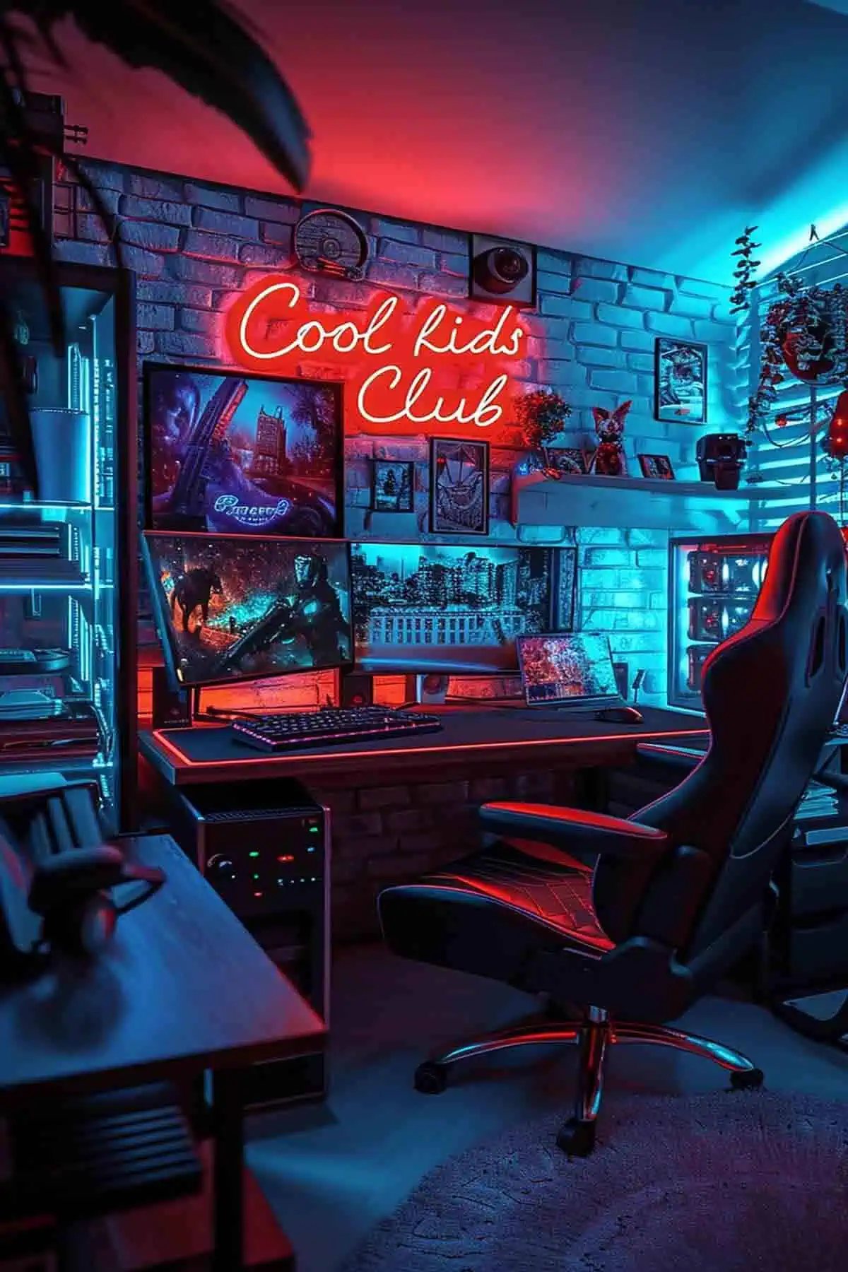 A vibrant gaming setup with a glowing custom neon light reading "Cool Kids Club," dual monitors on a sleek desk, and retro decor, featuring red and blue lighting
