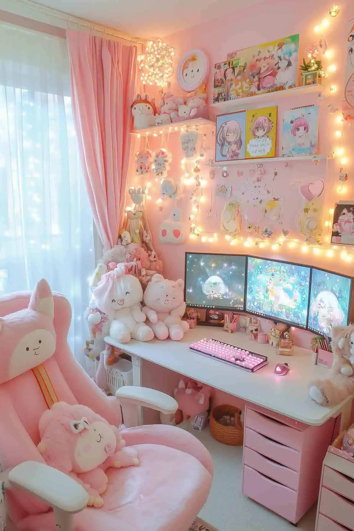 A vibrant pink gaming room with a cozy, plush chair, pastel decorations, fairy lights, and dual monitors displaying cute anime, surrounded by kawaii plushies and art