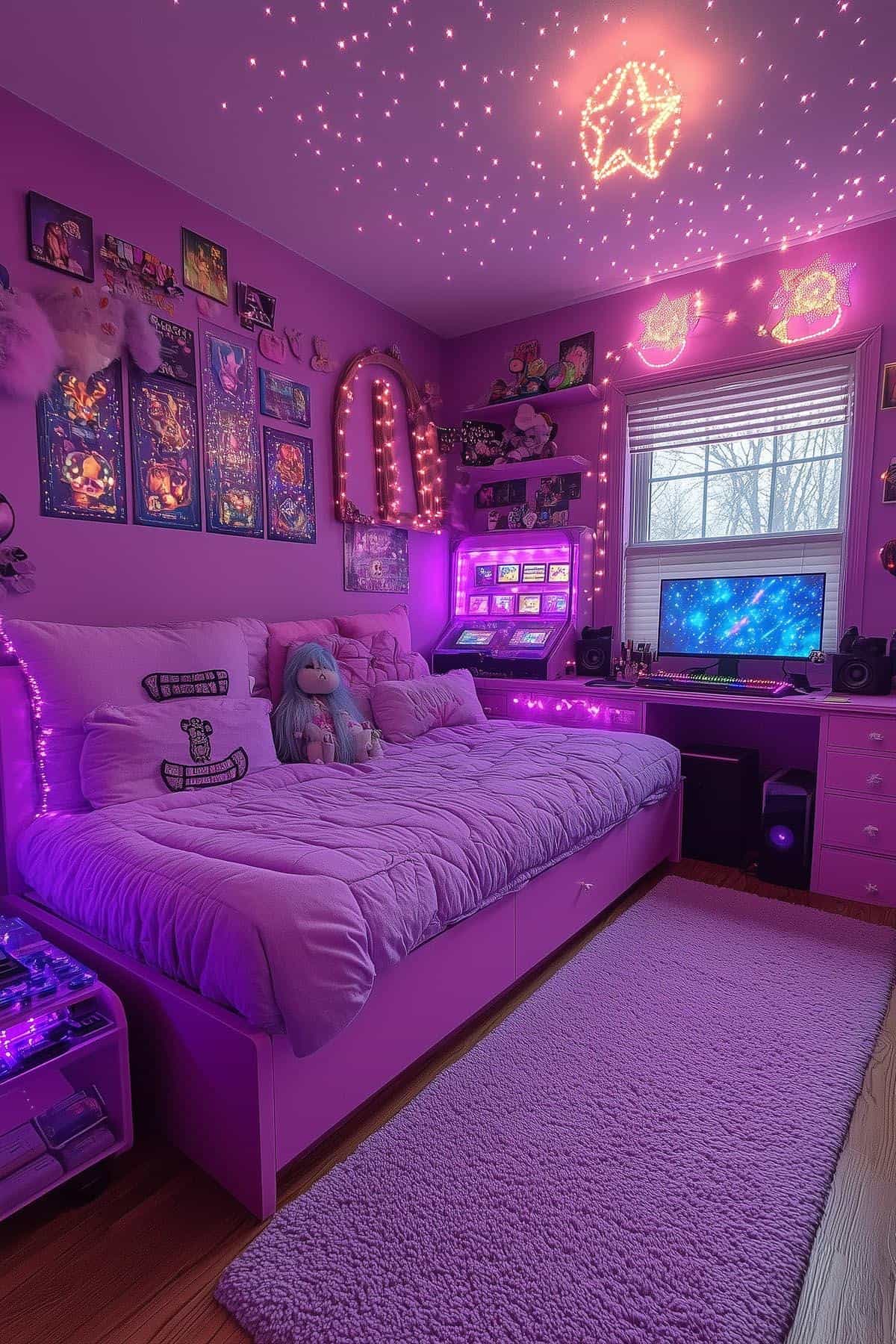 Aesthetic gamer girl bedroom with cohesive purple decor and fairy lights.
