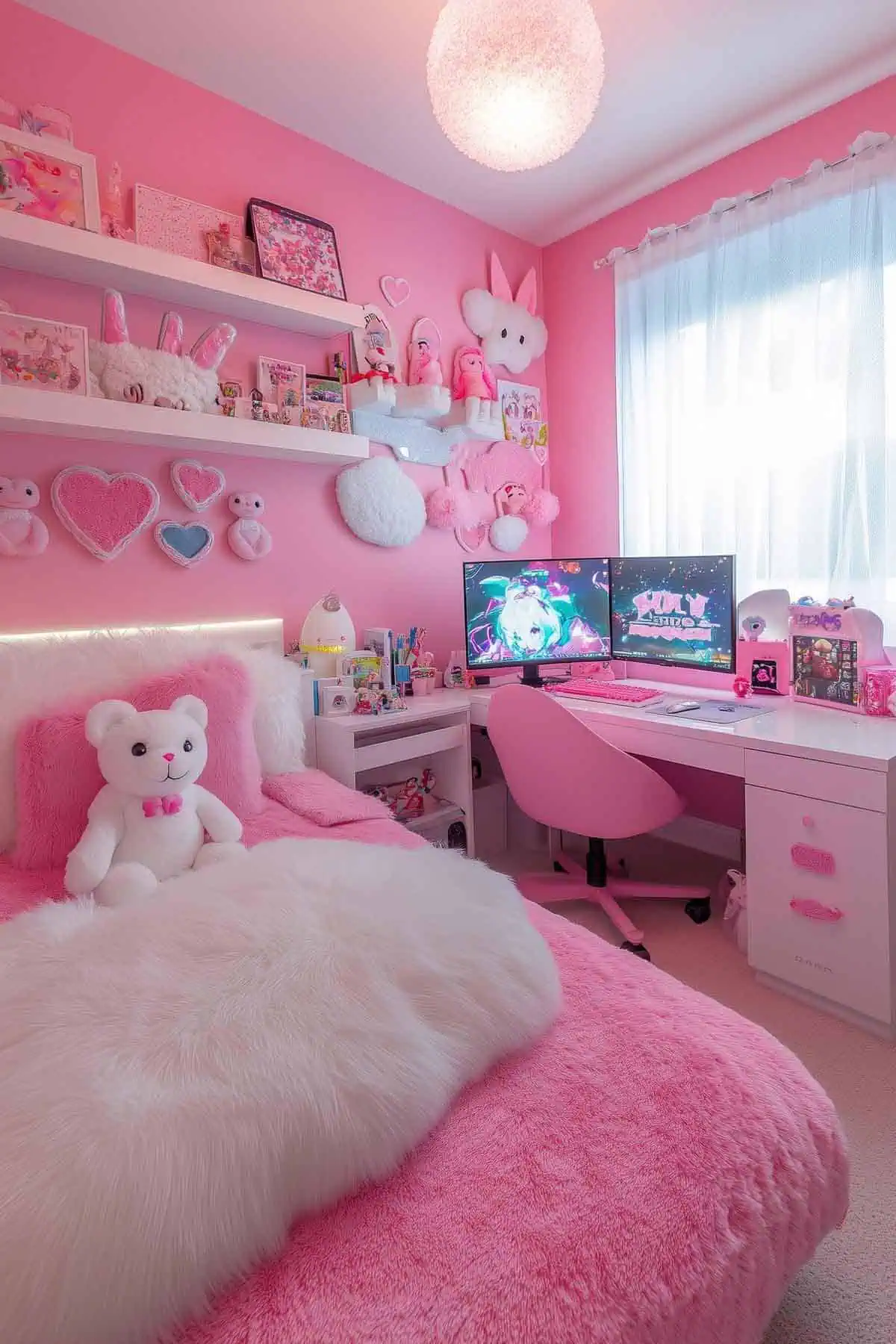 Aesthetic teen gamer girl bedroom with soft pink tones and plush decor.
