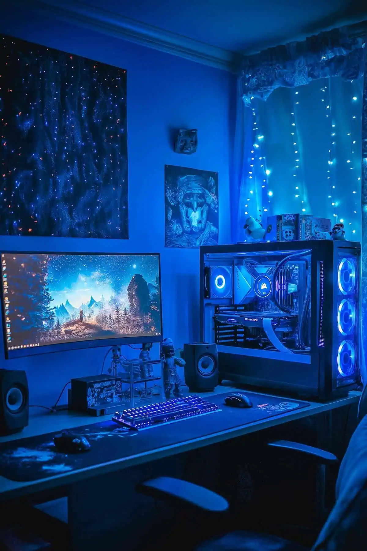 Blue gamer girl bedroom with matching lighting and wall art.
