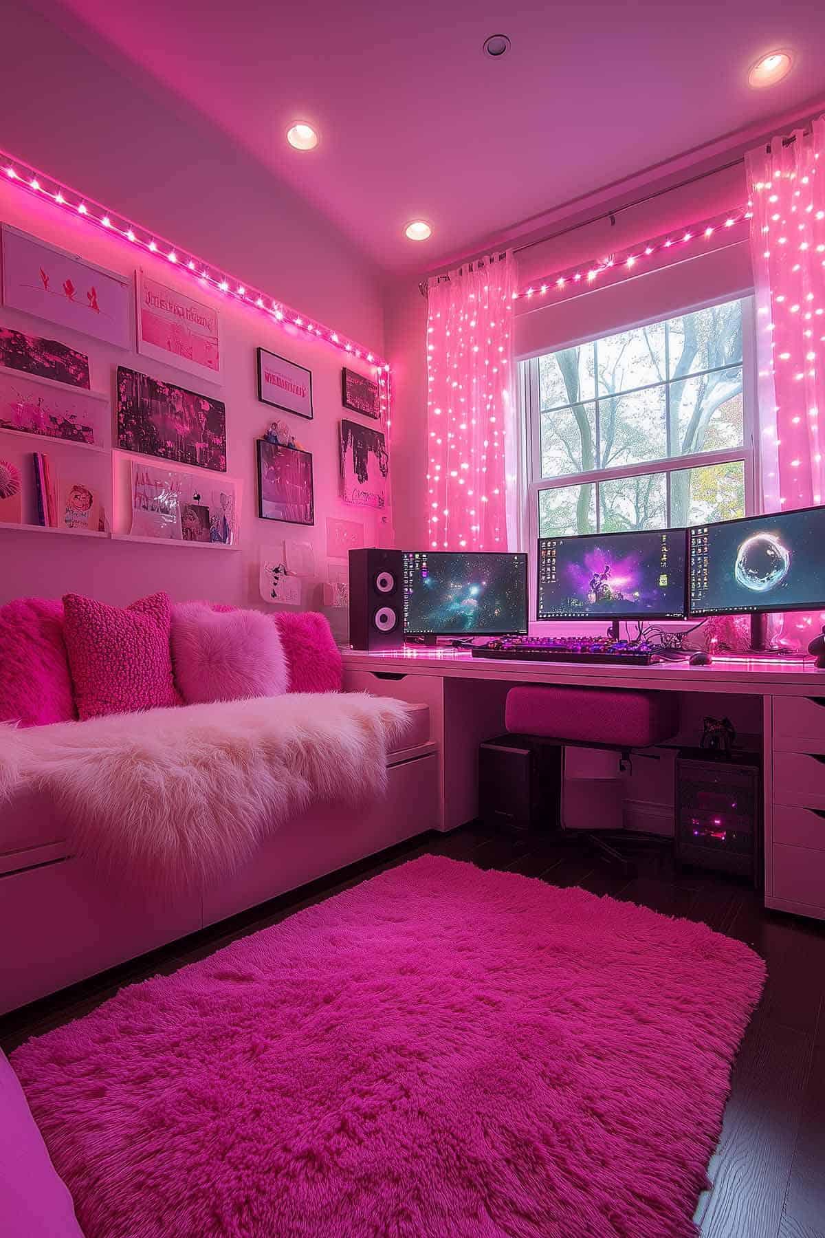 Cute gamer girl bedroom with pink tones and cozy gaming setup.
