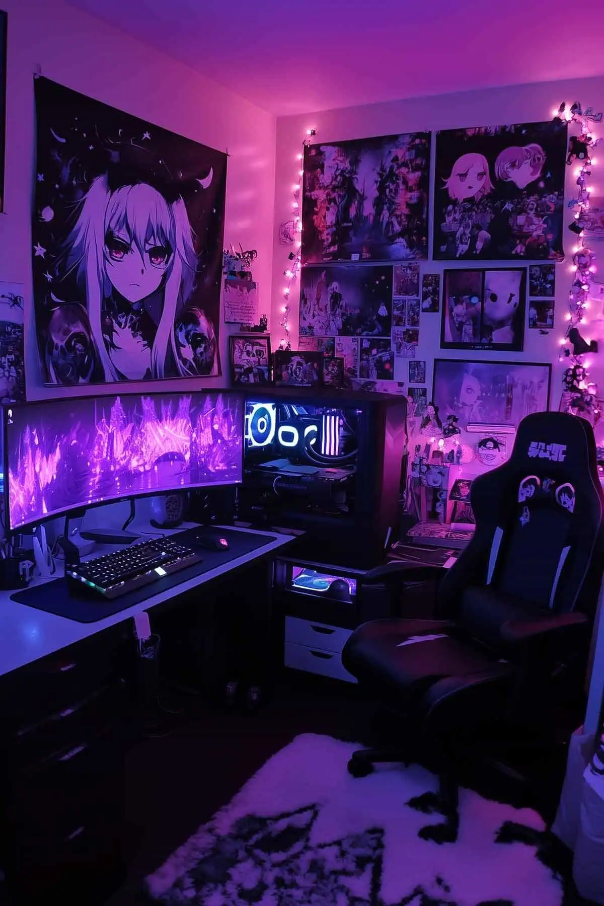 Goth gamer girl bedroom with dark decor and pink lighting accents.
