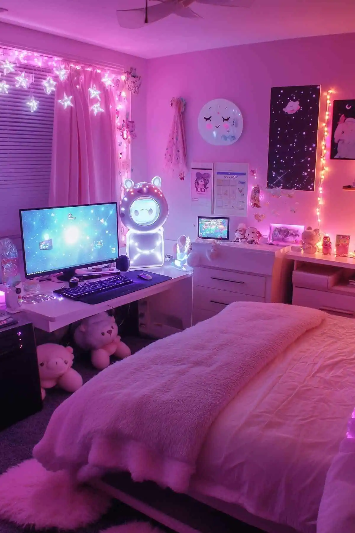 Kawaii gamer girl bedroom with pastel decor and adorable plush toys.
