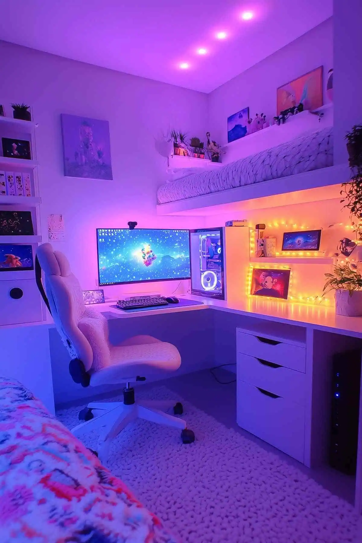 Minimalist gamer girl bedroom with soft lighting and white furniture.