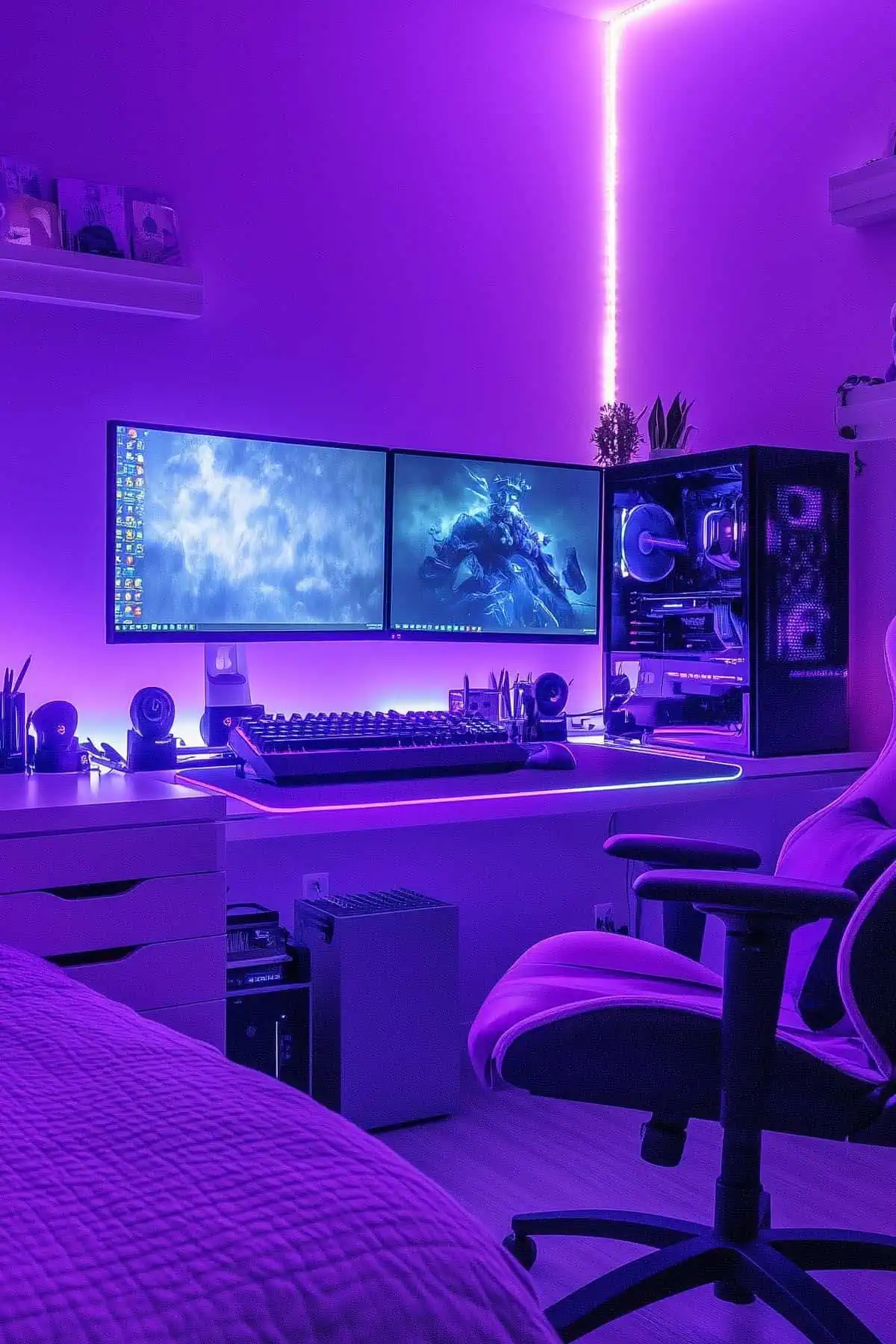 Purple-themed gamer girl bedroom with LED lighting and modern gaming setup.
