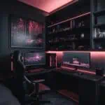 Sleek black gamer girl bedroom with pink LED lighting and modern decor.