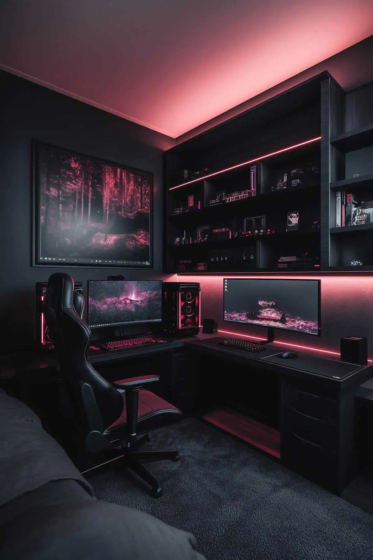 Sleek black gamer girl bedroom with pink LED lighting and modern decor.