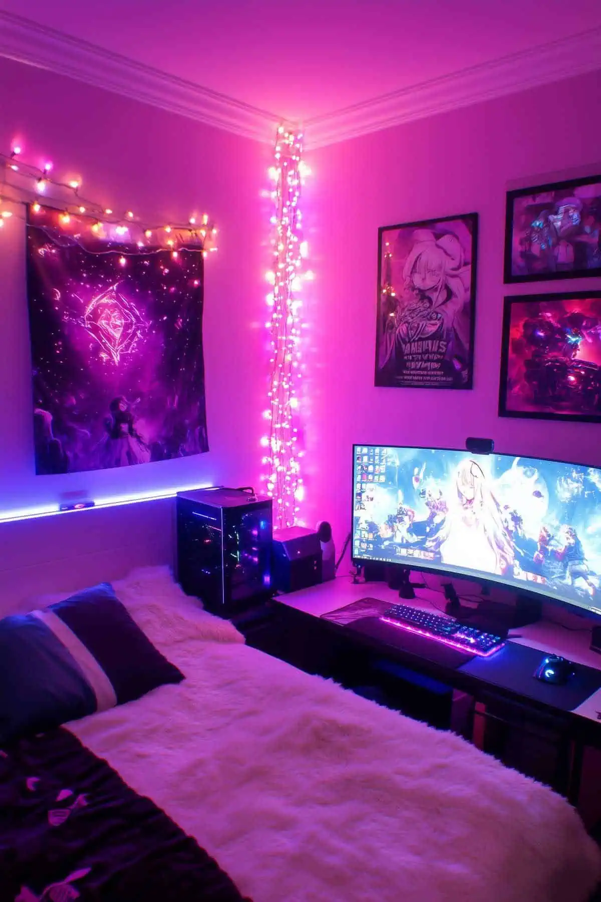 Small gamer girl bedroom with compact gaming setup and anime decor.
