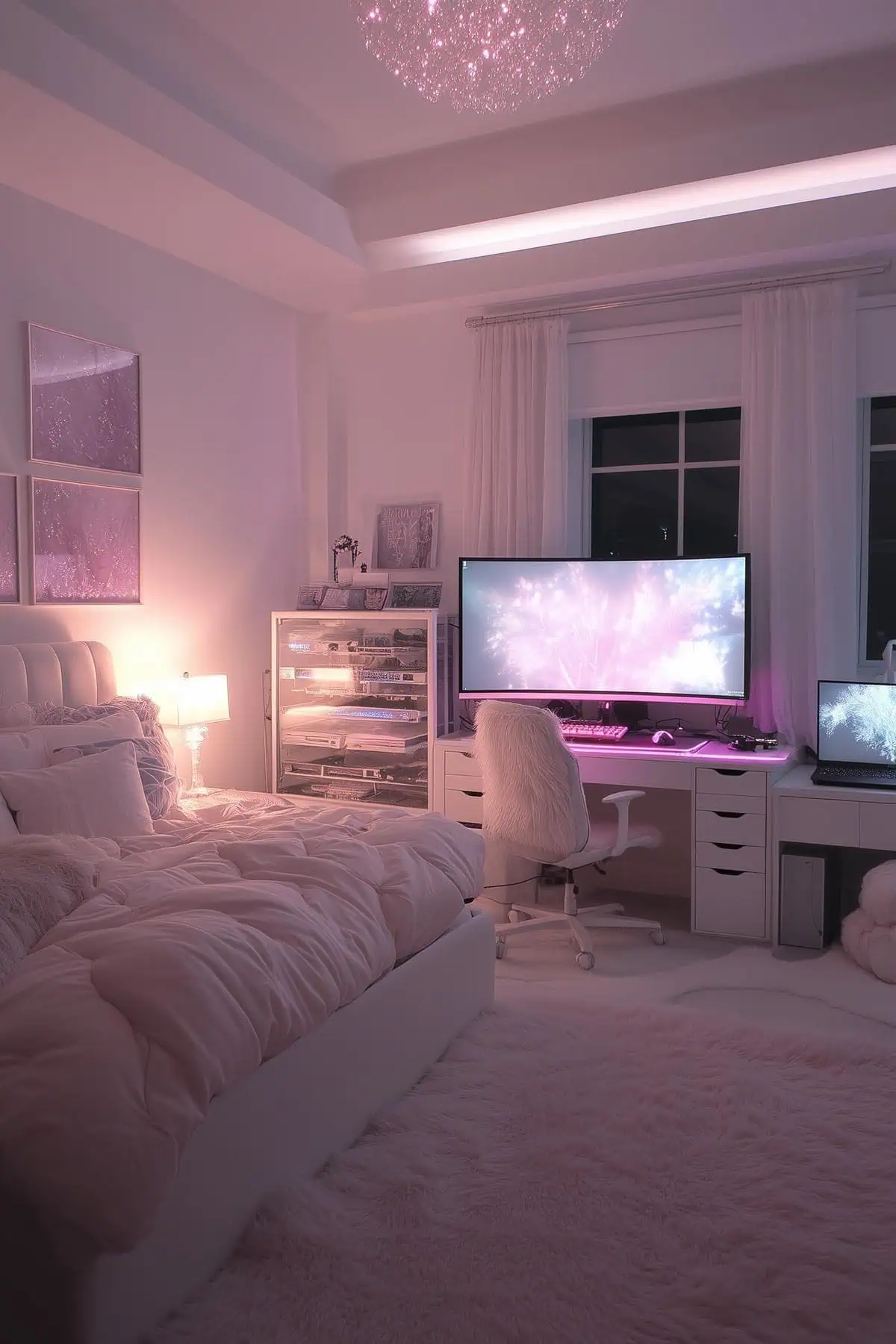 Soft pink gamer girl bedroom with plush bedding and elegant lighting.
