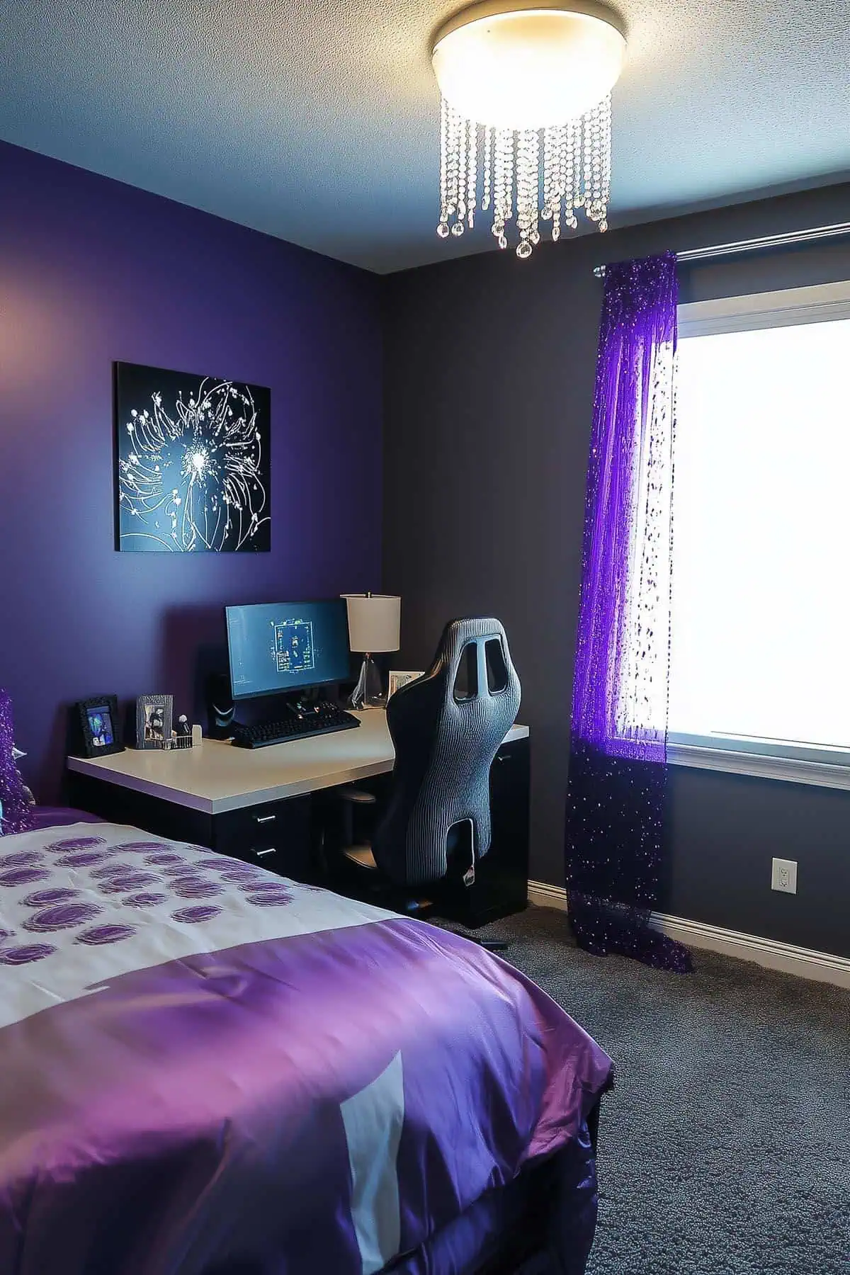 Sophisticated purple gamer girl bedroom with bold decor and a gaming setup.
