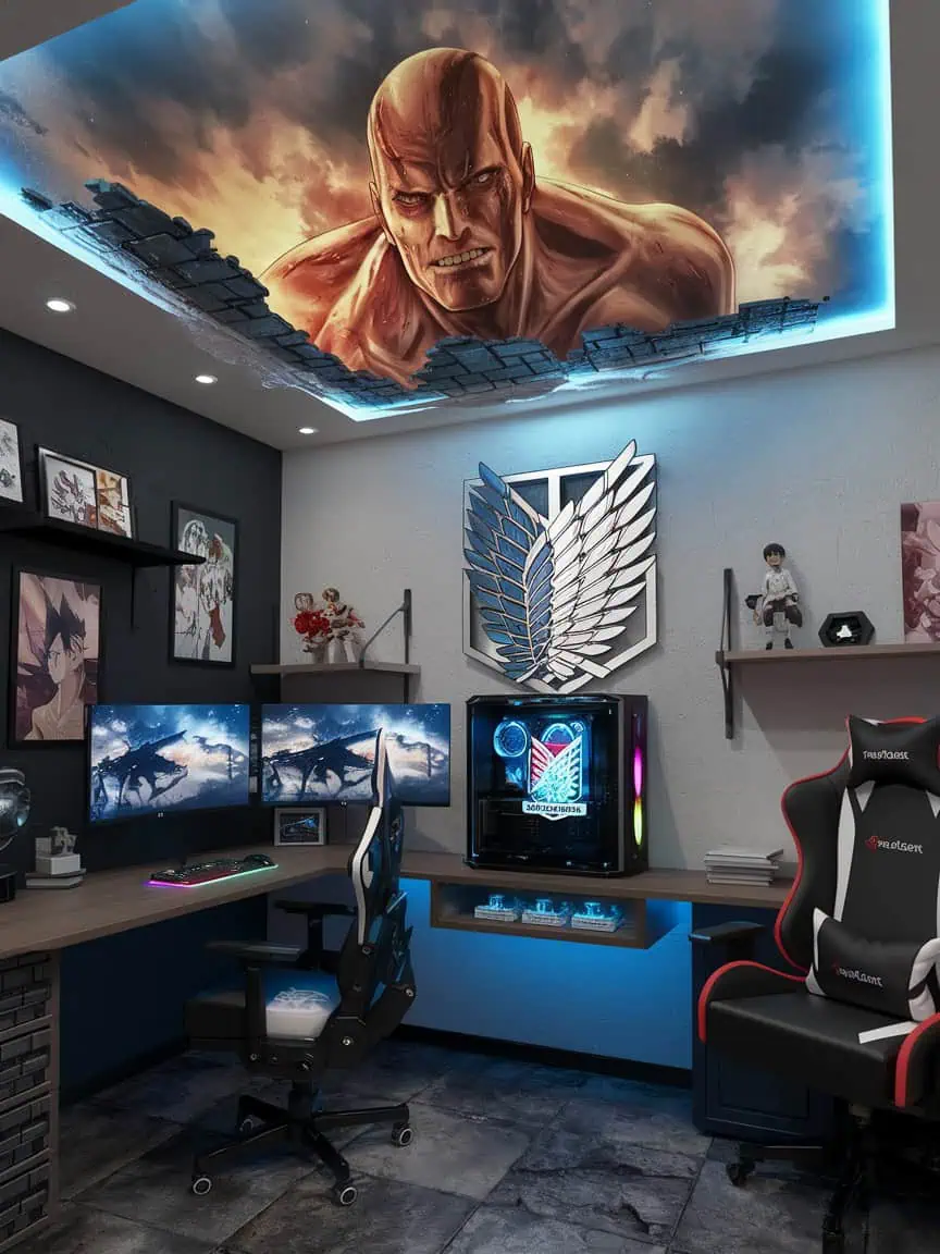 Anime-themed gaming room with posters and LED lights.