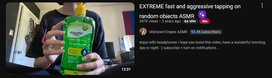 A YouTube video thumbnail showing hands holding a bottle of Equate Aloe Vera Gel. The video title reads "EXTREME fast and aggressive tapping on random objects ASMR" by the channel UnknownTingles ASMR, which has 93.4K subscribers. The thumbnail suggests an ASMR video focusing on fast and aggressive tapping sounds on various objects, providing a sensory experience for viewers.