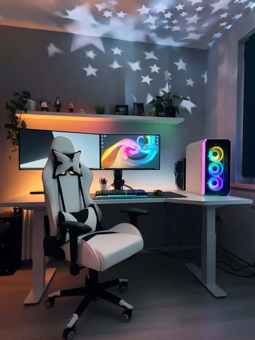 Clean, minimalist white-themed gaming room with dual monitors.