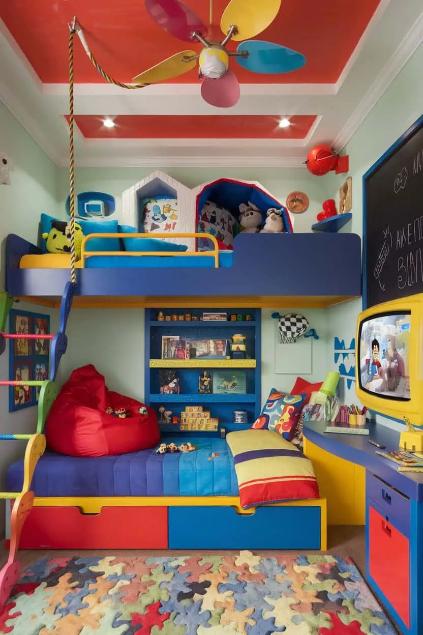 Colorful kids’ gaming room with loft bed and fun accessories.