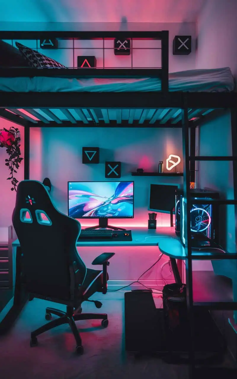 Compact gaming room with loft bed and LED-lit desk setup.