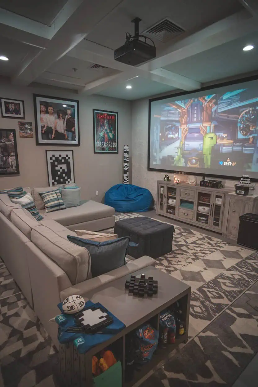 Cozy family gaming room with a sectional couch and projector.