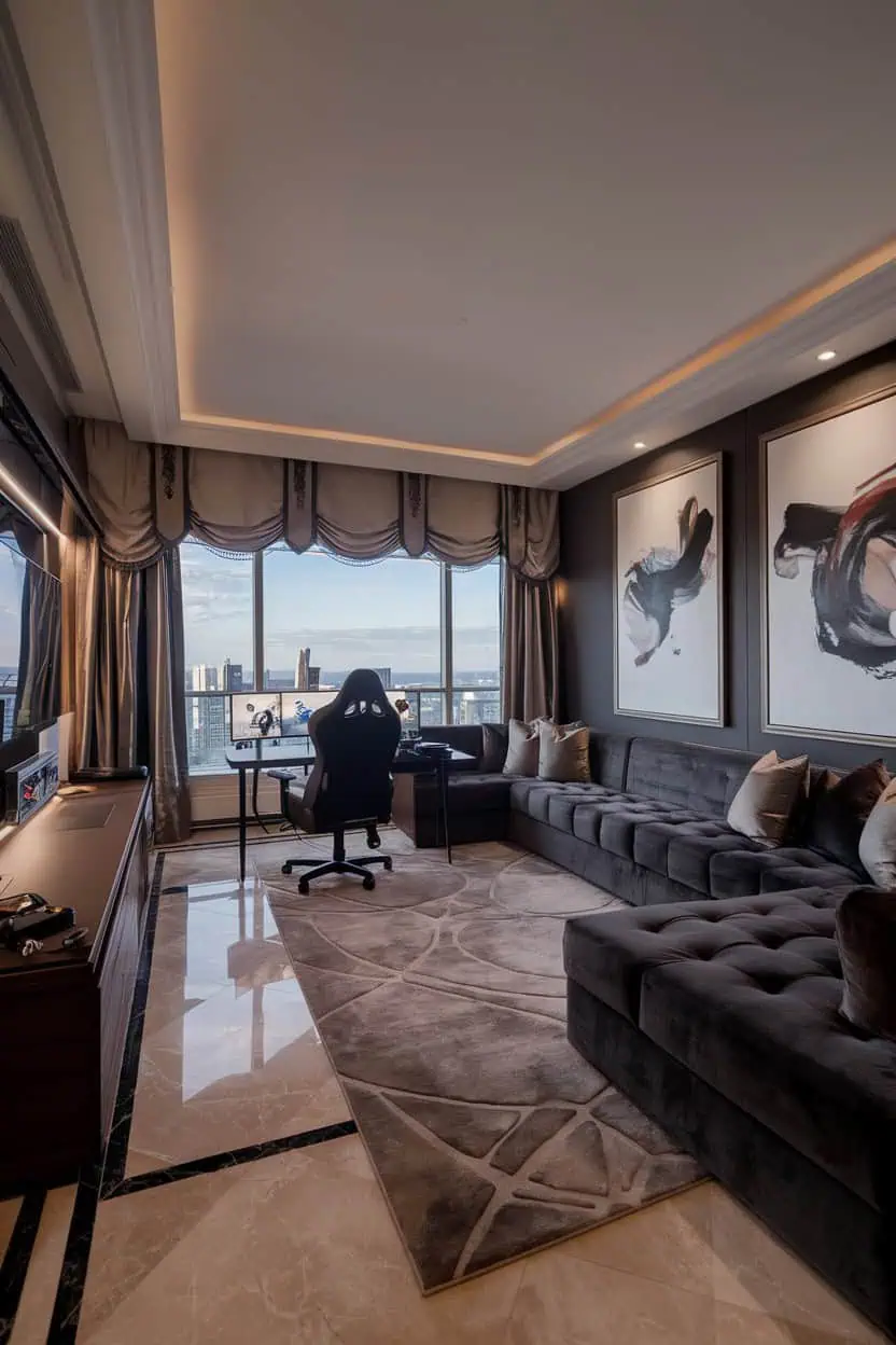 Elegant luxury gaming room with a city view and modern decor.