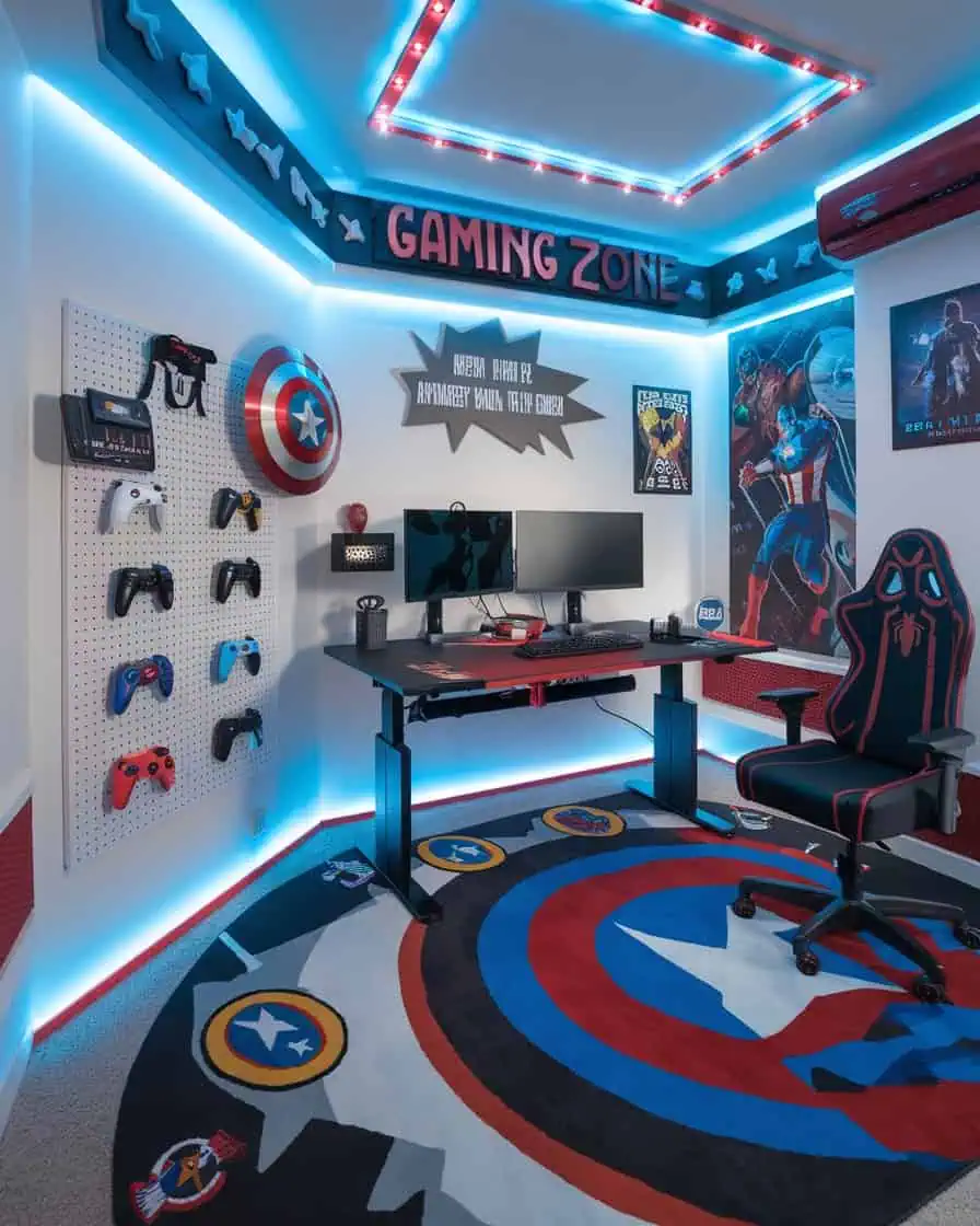 Fun, colorful boys’ gaming room with superhero decor.