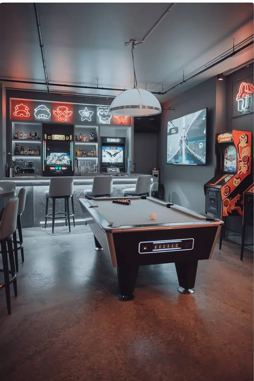 Gaming room with pool table, arcade machines, and neon lights.