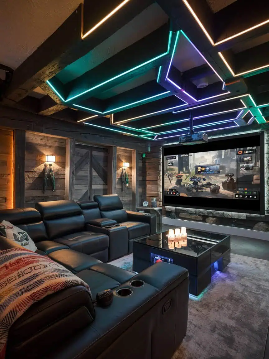 Gaming room with projector, cozy seating, and wooden accents.