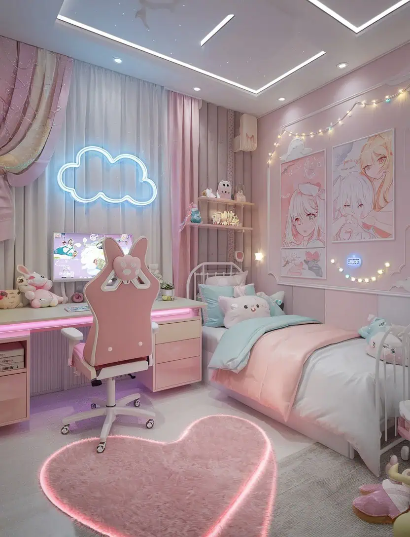 Kawaii pastel-themed gaming room with plush toys and pink decor.