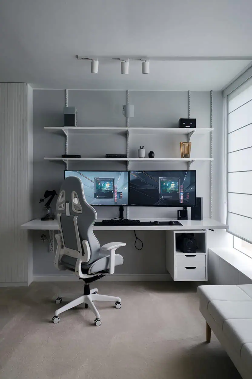 Modern monochrome gaming room with LED lighting and curved monitor.