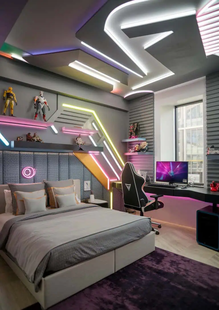 Modern teens’ gaming room with geometric LED lights.