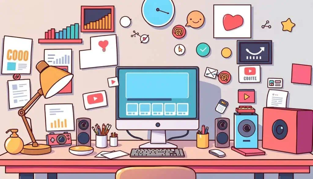 An illustration of a creative desk setup with a computer monitor, desk lamp, speakers, and various office supplies. The desk is surrounded by colorful wall decor, including charts, social media icons, a clock, and motivational symbols like hearts and smiley faces.