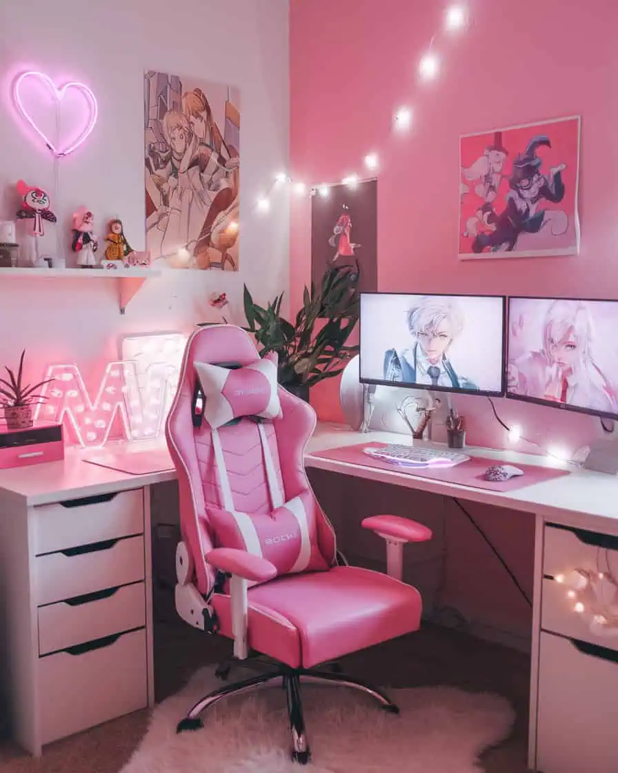 Pink gaming room with kawaii decor and neon lighting.