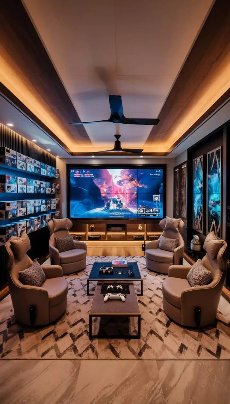 Relaxed gaming lounge with plush seating and neon lights.